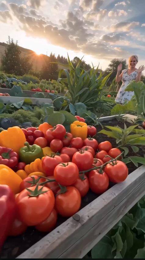 Raised bed full of tomatoes and peppers at sunset